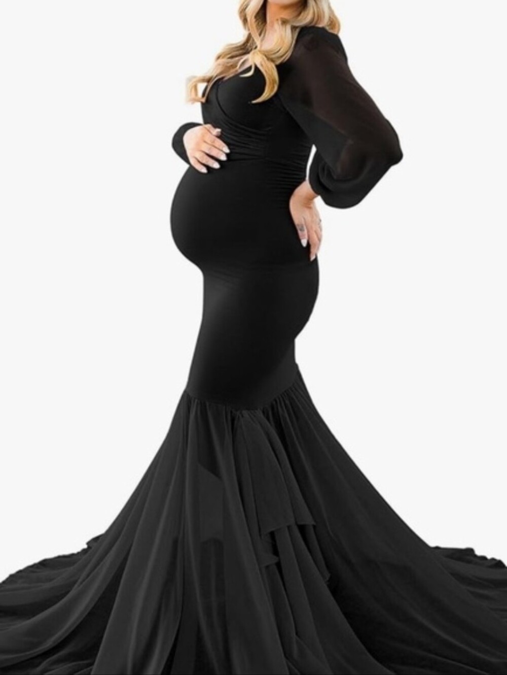 Saslax Long Chiffon Sleeve Tired Mermaid Maternity Dress black Size S